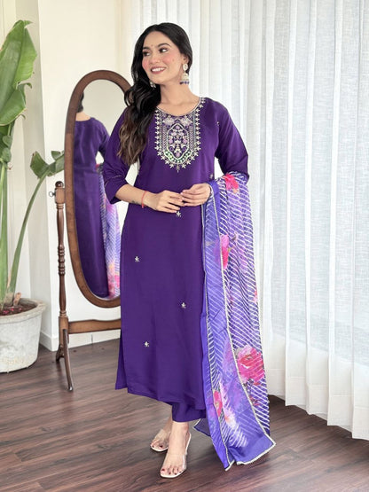 Premium Purple Kurti Set with Grand Neckline