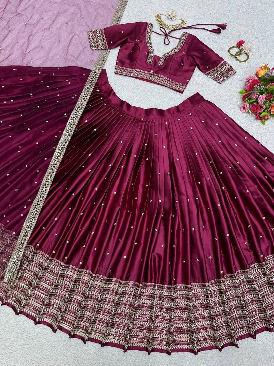 PREYA - Stunning Wine Purple Satin Georgette Lehenga