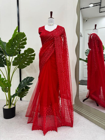 SWARNAA - Red Partywear Saree x Embroidered Work