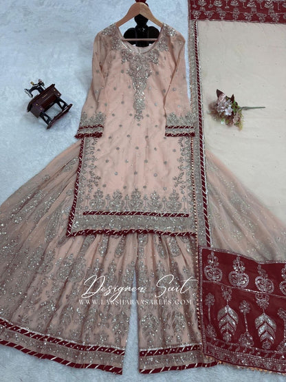 MAVISHA — Peach x Maroon Premium Pallazo Designer Suit