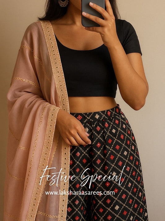 Black x Pink Crop Top Pallazo Suit at