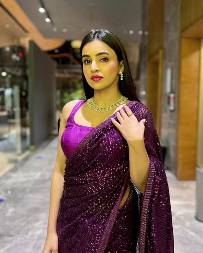 SAJNII - Purple Partywear Sequinned Saree