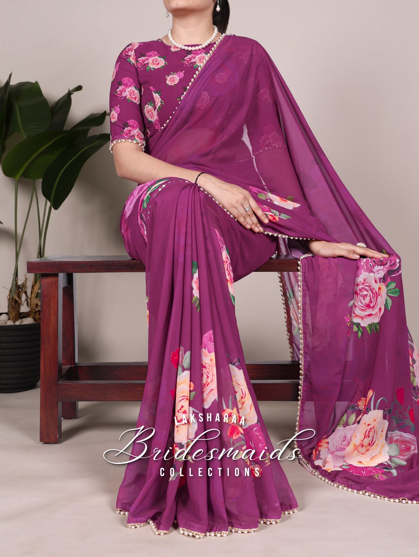 Partywear Floral Pearl Georgette Saree x Pearl Border