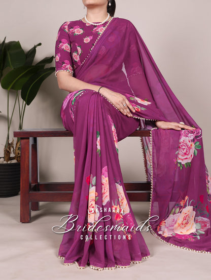 Partywear Floral Pearl Georgette Saree x Pearl Border