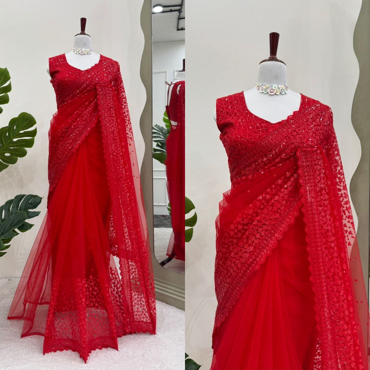 SWARNAA - Red Partywear Saree x Embroidered Work