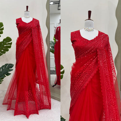 SWARNAA - Red Partywear Saree x Embroidered Work