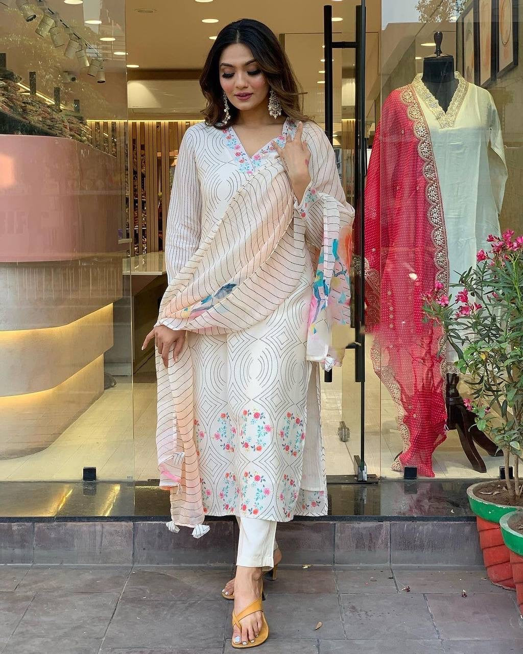 White Floral Kurti Set