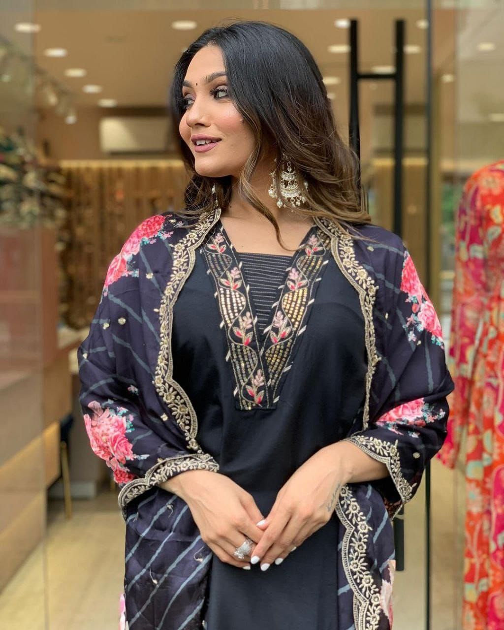 Black Floral Kurti Set