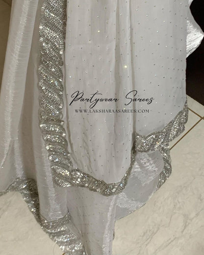 DREAMI - White Shimmer Silk Saree with Silver Jarkan Border