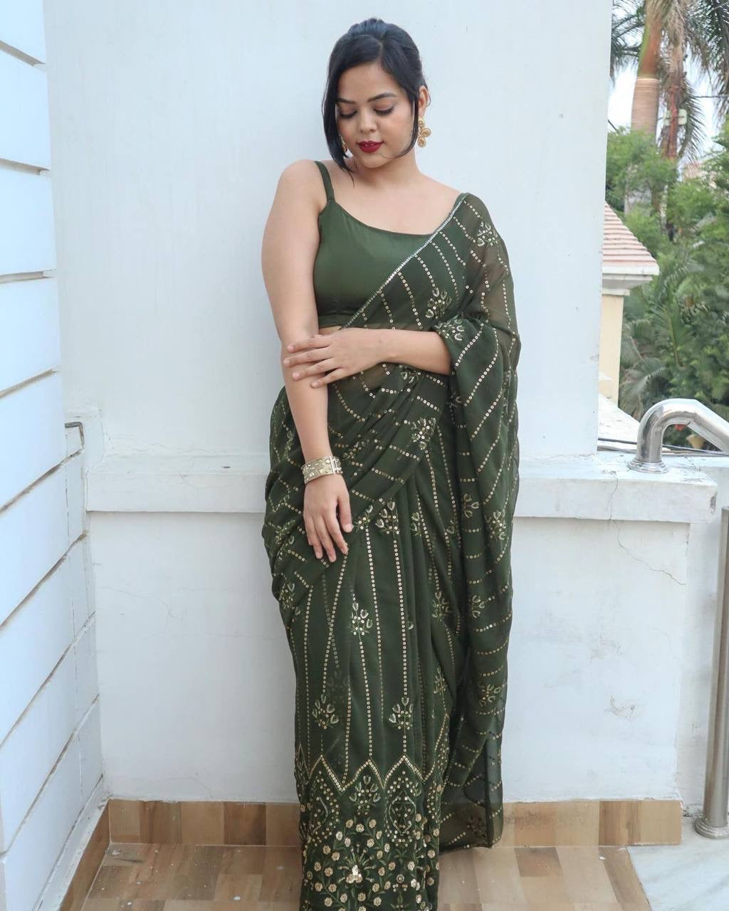 Olive Green Partywear Georgette Saree