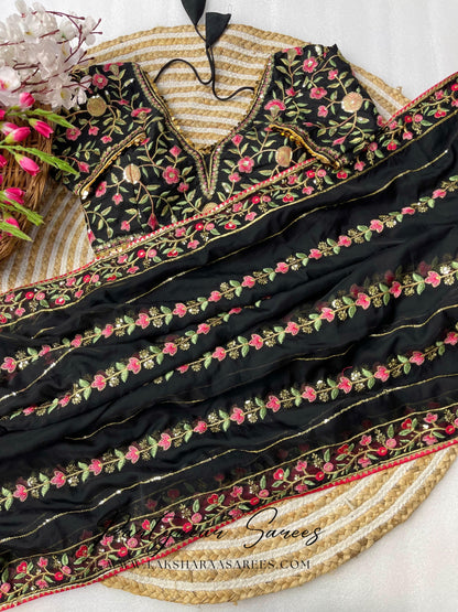 RANGOLI - Georgette Saree with floral embroidery work x readymade blouse