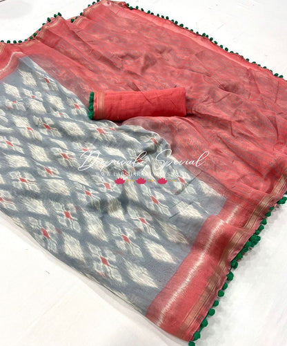 Colourful Mul Mul Cotton Saree x Pom Pom Border