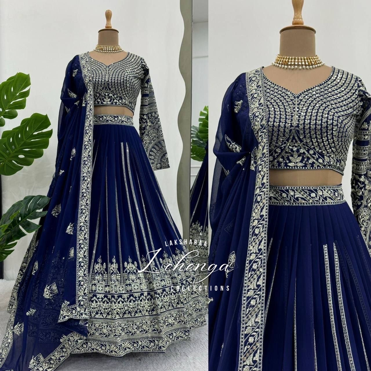 LEAA — Premium Blue Lehenga x Green Work Blouse