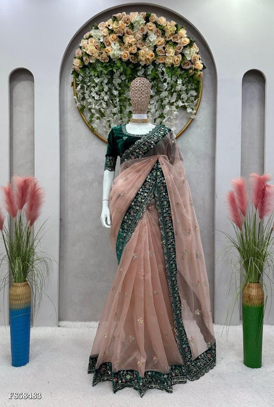 INGRID - Designer Peachy Orange x Velvet Green Organza Saree