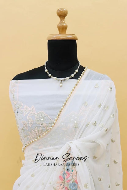 PRIYAA - White Ruffle x Pearl Border Georgette Saree