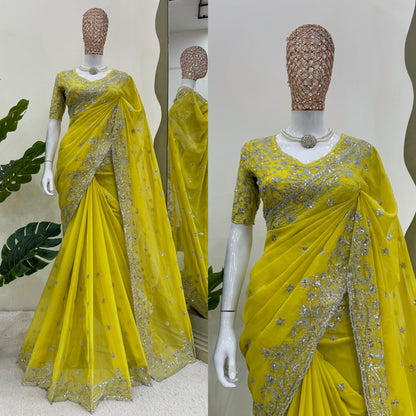 Lemon Green Georgette Saree x Designer Blouse