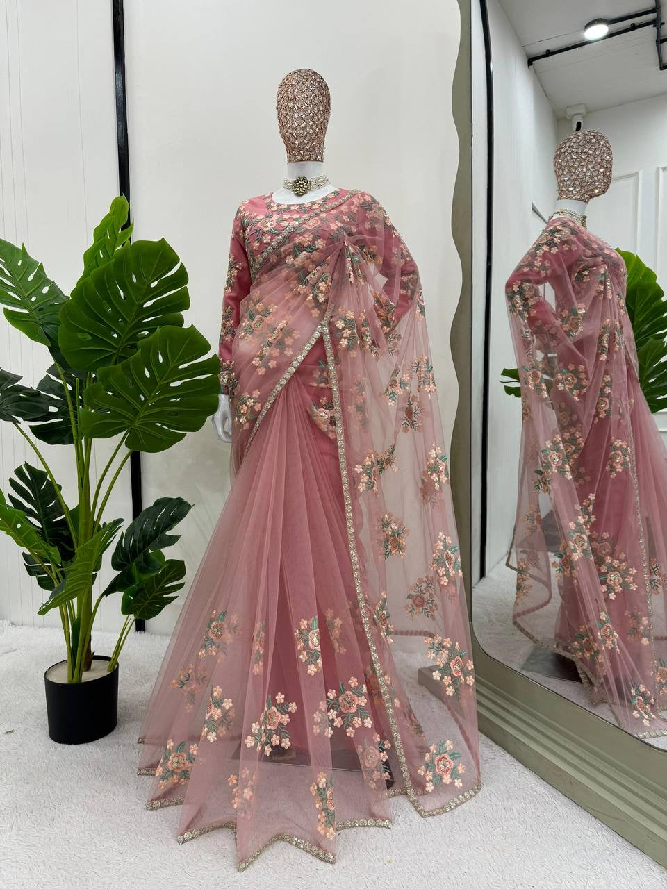 Pink Floral Georgette Net Partywear Saree