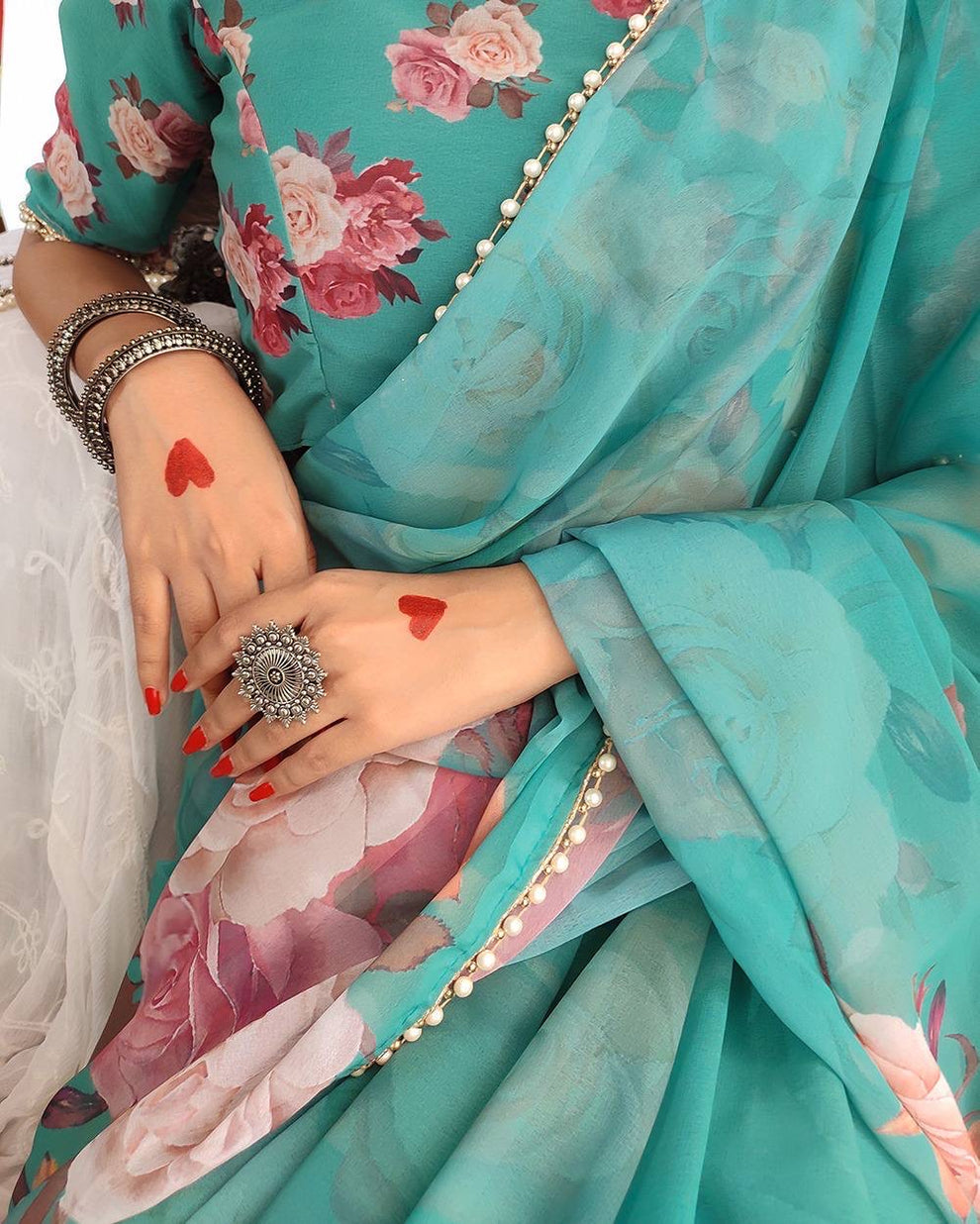 Pearl embroidered press flower saree main image 1