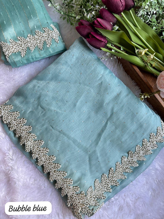 Shimmer Silk Saree - Pearl leaf border