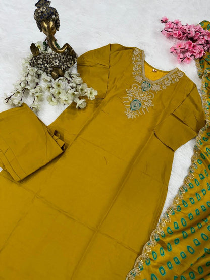 Mustard Gold Kurti x Green Duppata Set