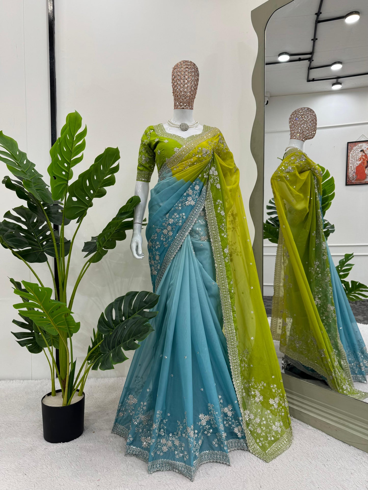 MEENA - Green x Blue Georgette Saree