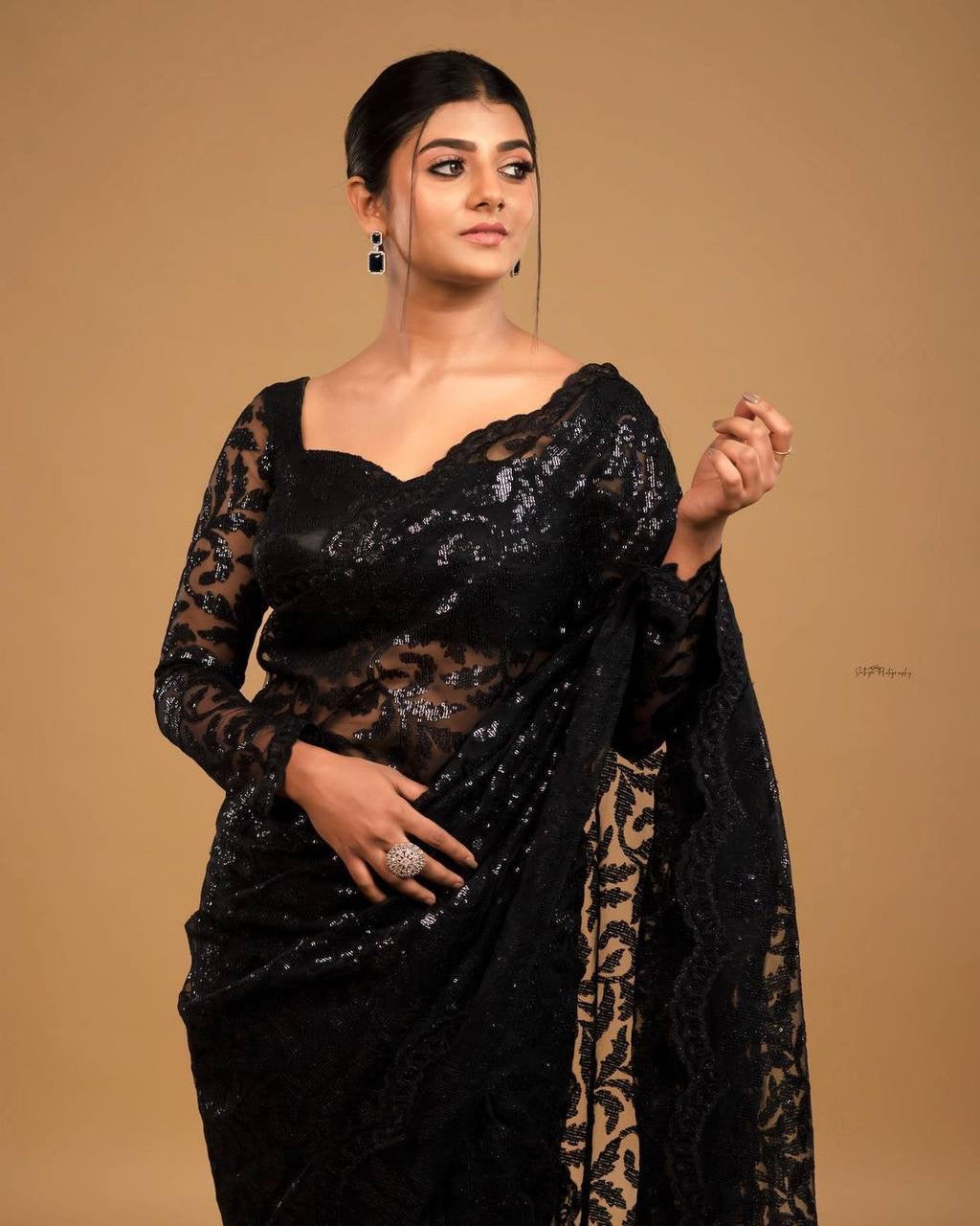 Black Partywear Net Saree x Leaf Motif