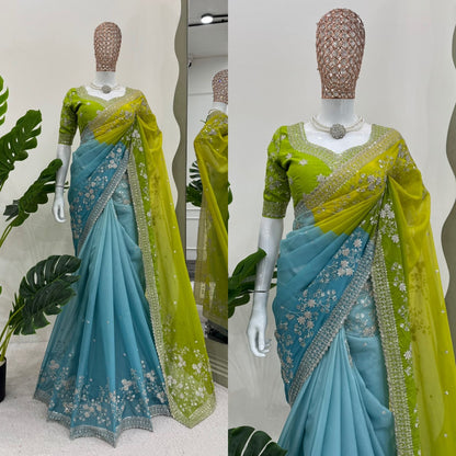 MEENA - Green x Blue Georgette Saree