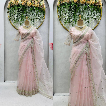 Baby Pink Organza Partywear Saree