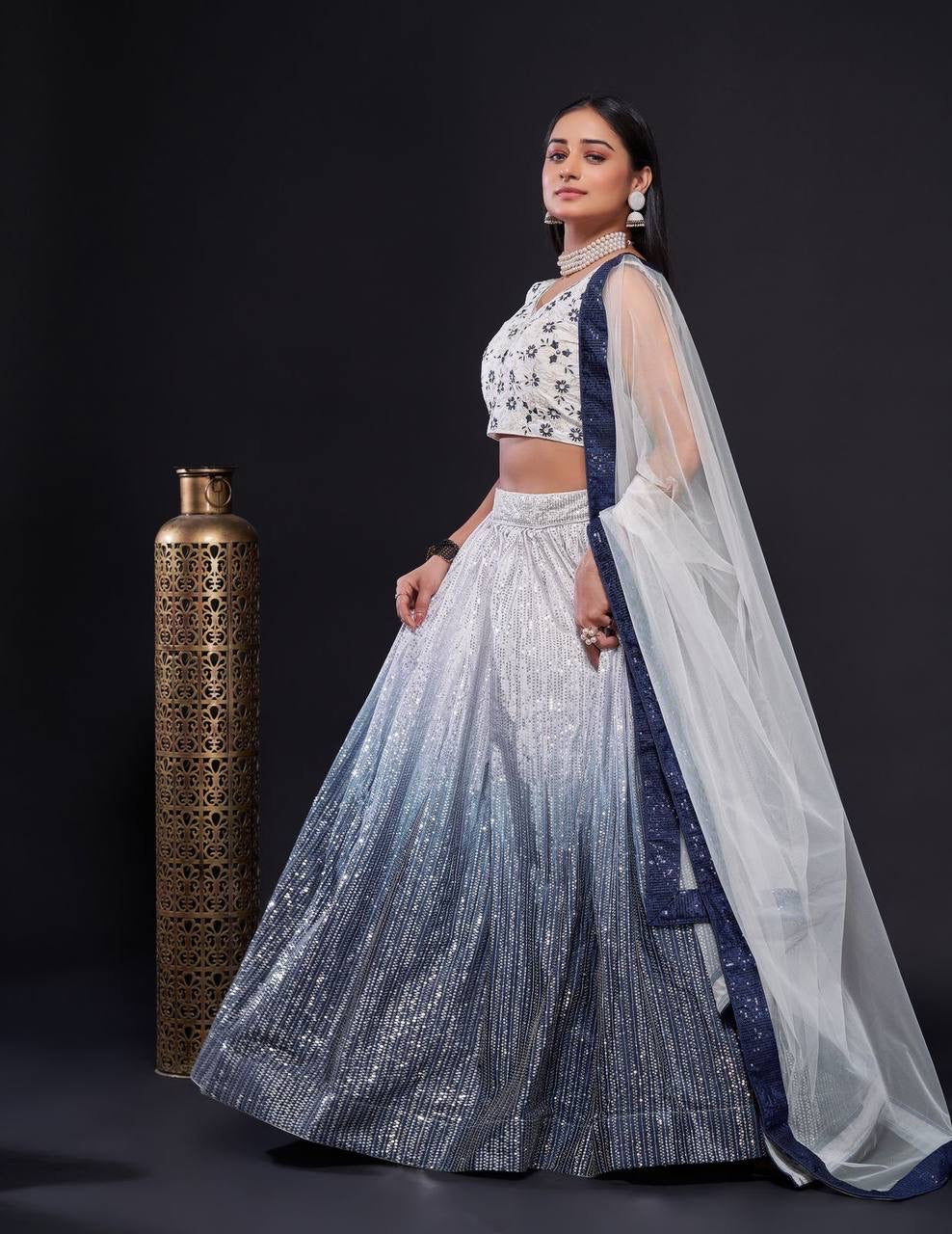 Florins White x Blue Ombré Floral Lehenga