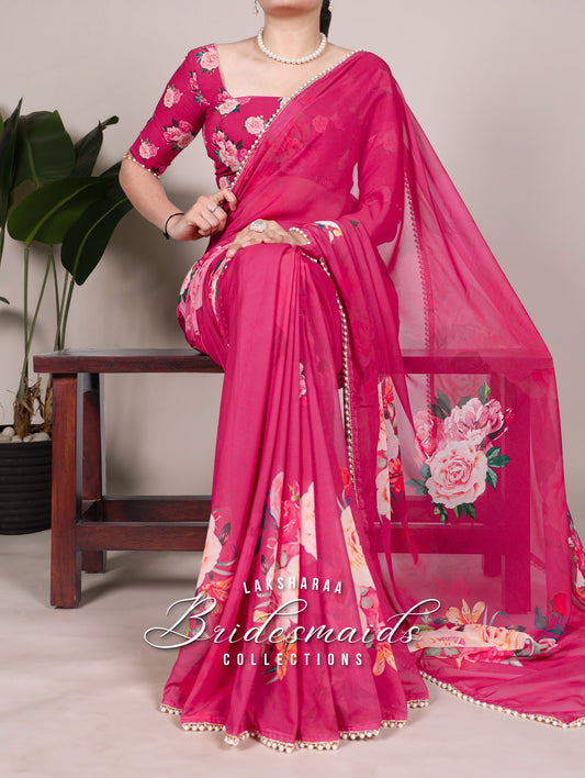 Partywear Floral Pearl Georgette Saree x Pearl Border