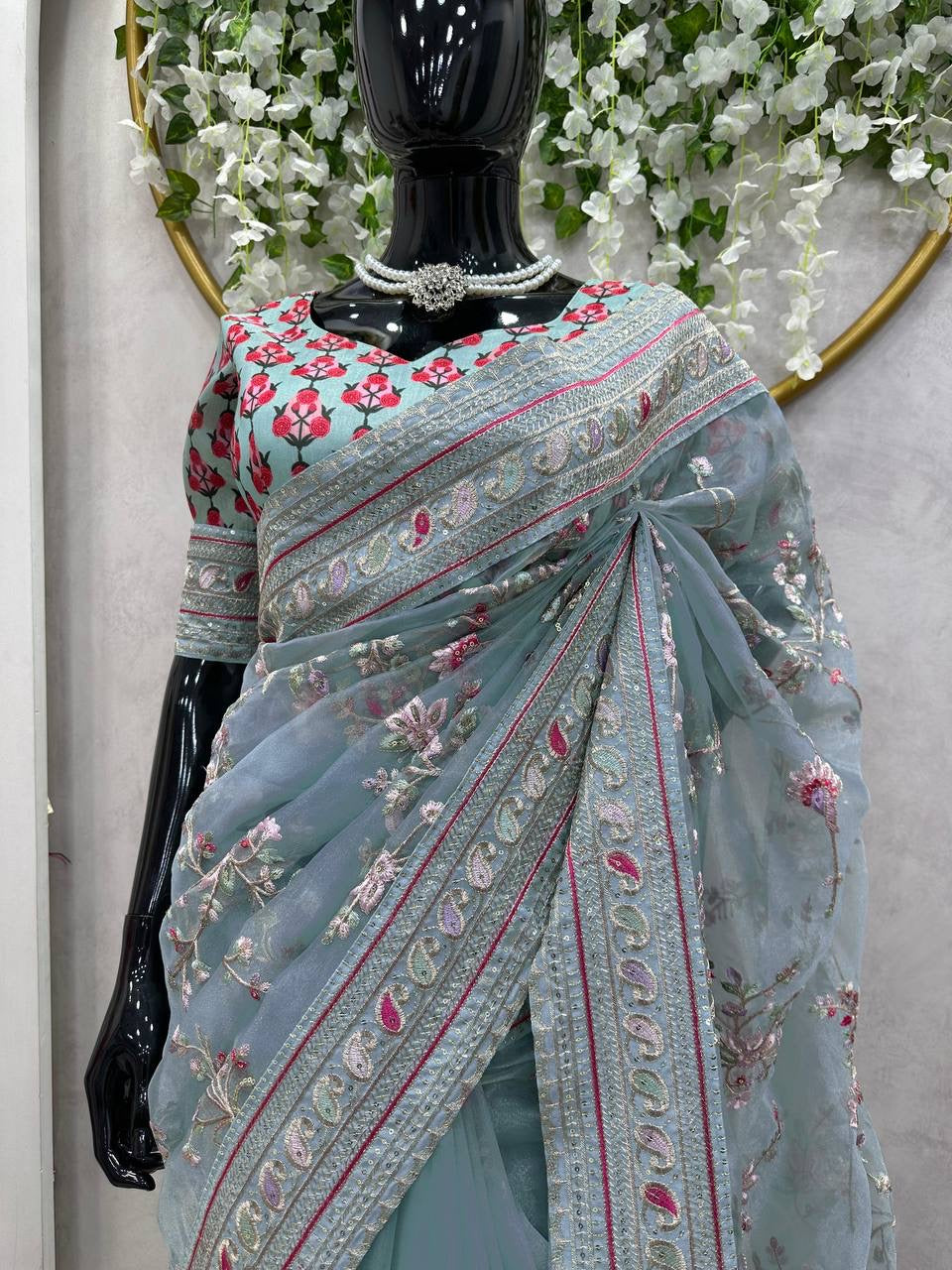 AURELIA - Designer Organza Silk Floral Saree x Premium Embroidery Work