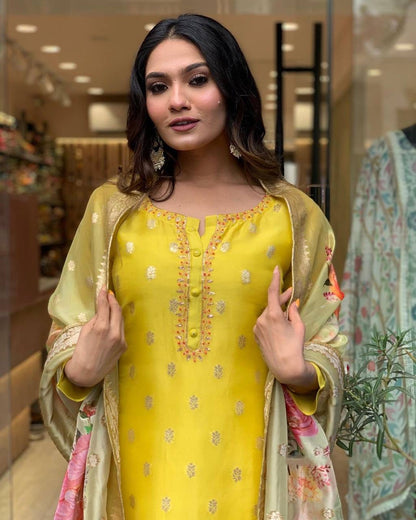 Yellow Floral Mustard Kurti Suit