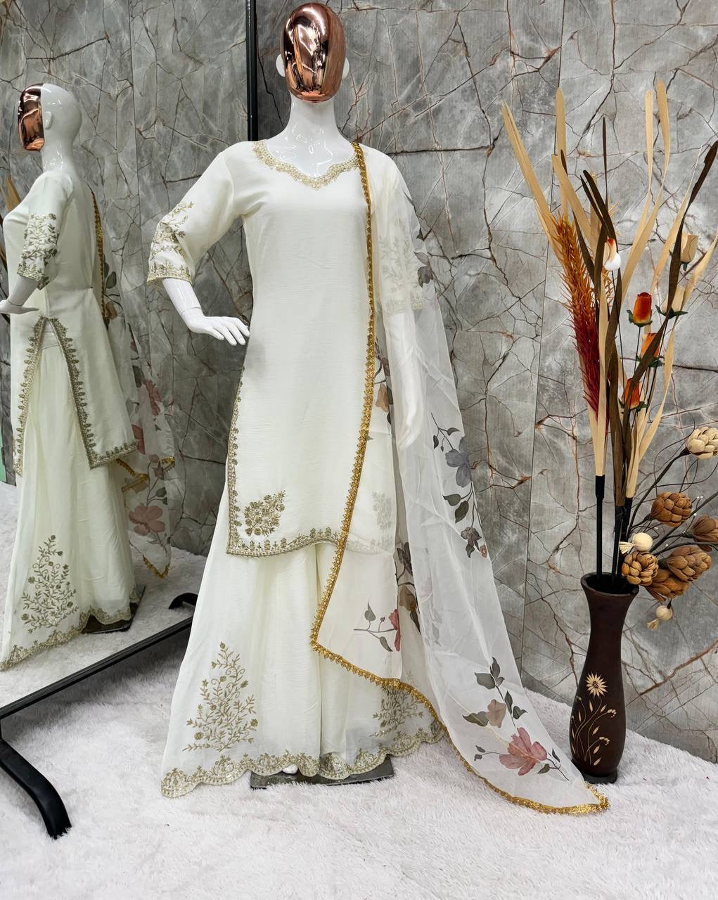 YUVITA - White Pallazo Designer Suit