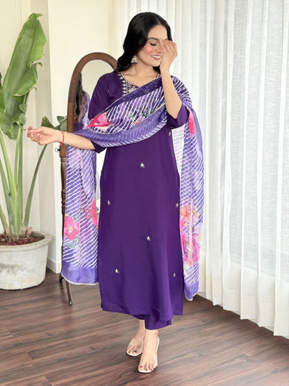 Premium Purple Kurti Set with Grand Neckline