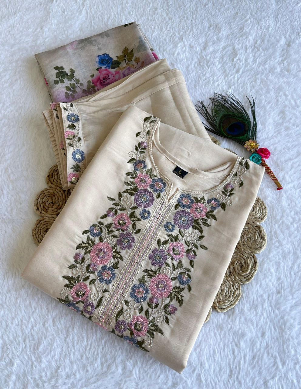 Beige Floral Kurti Set