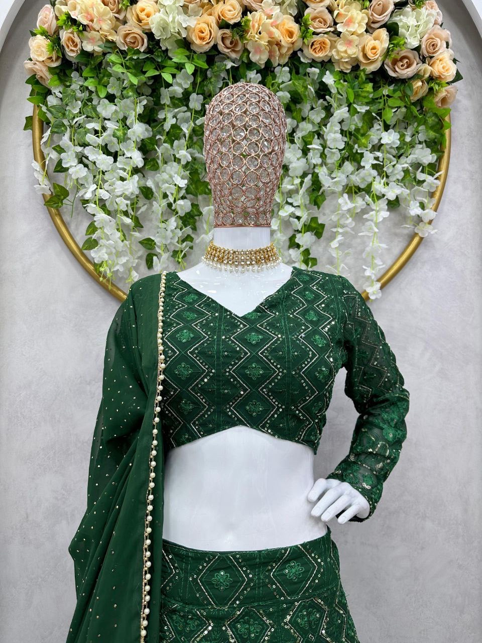 Dark Green Lucknowi Lehenga