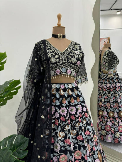 KIRAN - Black Floral Georgette Lehenga