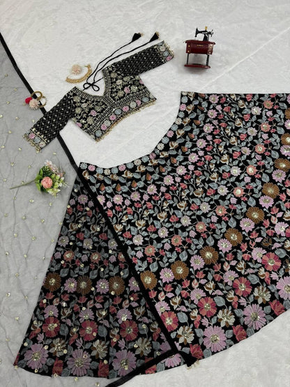 KIRAN - Black Floral Georgette Lehenga