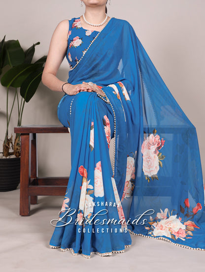 Partywear Floral Pearl Georgette Saree x Pearl Border