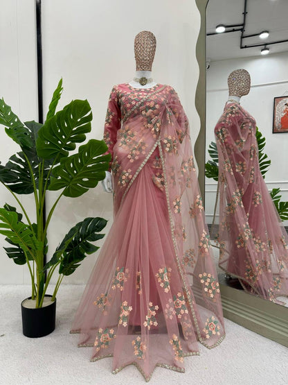 Pink Floral Georgette Net Partywear Saree