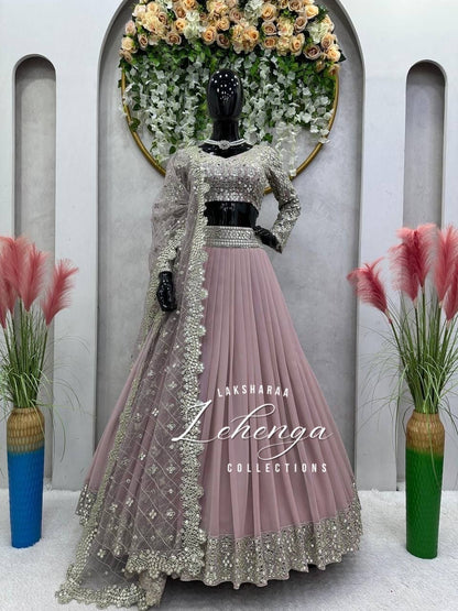 SAVITAA - Mauve Pink x Silver Georgette Lehenga with Stunning Duppata