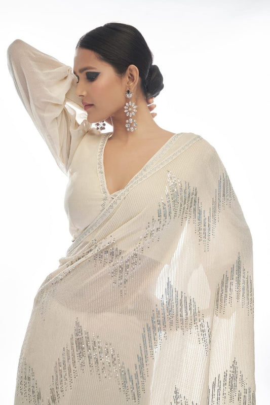 MALNI — Creamish White Georgette Sequin Saree