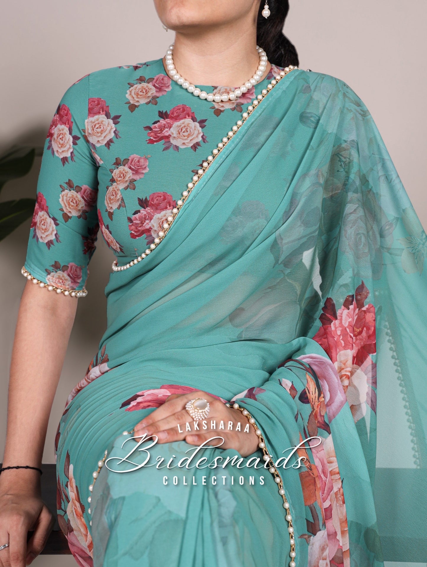 Partywear Floral Pearl Georgette Saree x Pearl Border