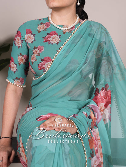 Partywear Floral Pearl Georgette Saree x Pearl Border