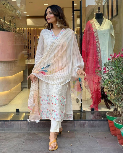 White Floral Kurti Set