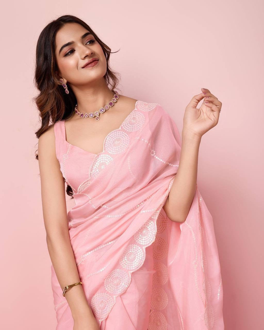 Partywear Readymade Georgette Saree - in soft shades