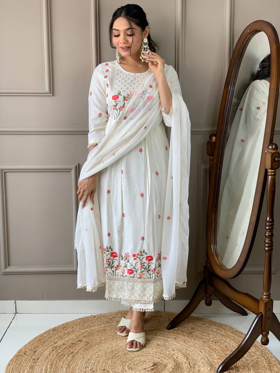 White Floral Kurti in Naira Cut Style