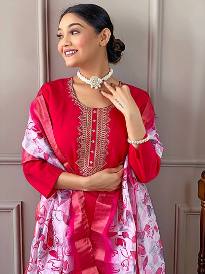 Rani Red x Floral Duppata Kurti Set