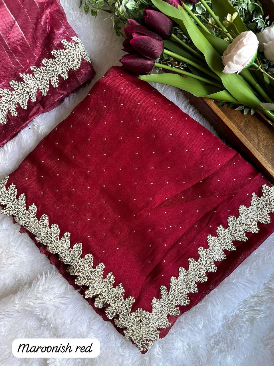 Shimmer Silk Saree - Pearl leaf border