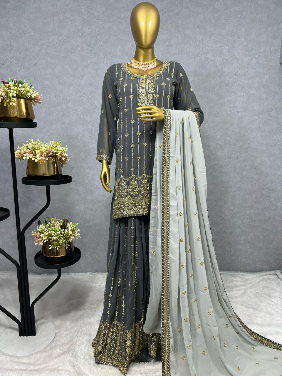 FAREEHA - Grey Premium Sharara Suit